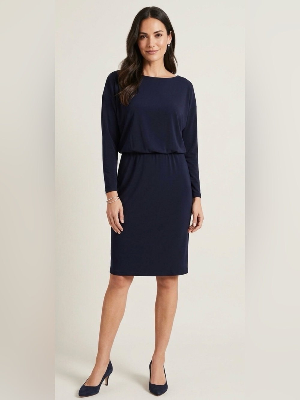 Ann Taylor Navy Blue Long Sleeve Dress 6 NWT Boat Neck Elastic Waist Elegant